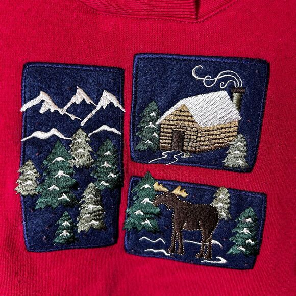 Vintage Breckenridge Deep Red Winter Cabin Scene Shawl Collar LS Sweatshirt XL - Picture 6 of 13